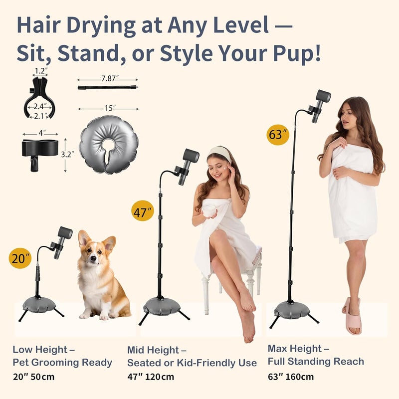 Hugabow Hair Dryer Stand - 360° Rotating Universal Holder, 20-65 Inch Adjustable, Hands Free for Pain Relief & Multi-Tasking - Image 3
